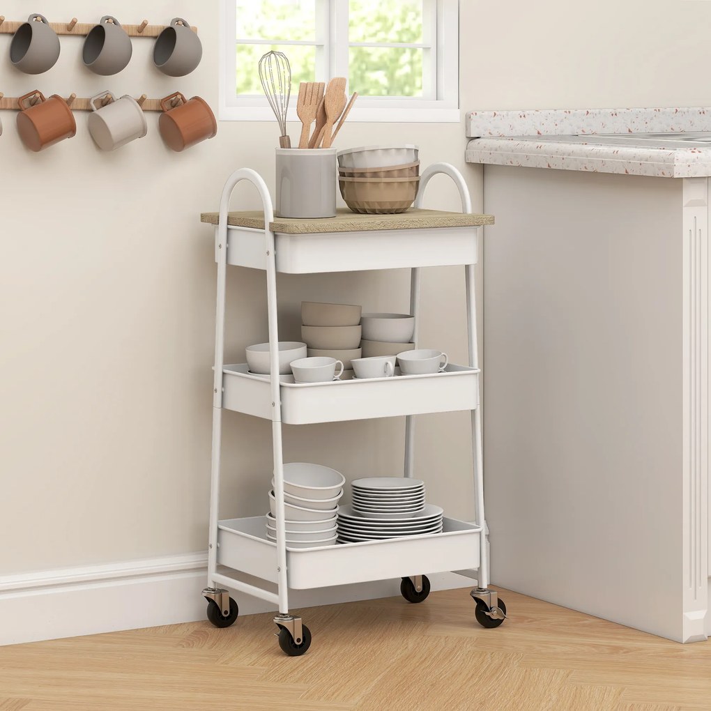 Carrinho de cozinha, com 3 níveis, tabuleiro superior, cestos, pegas, 45 x 32 x 77,5 cm, branco e carvalho