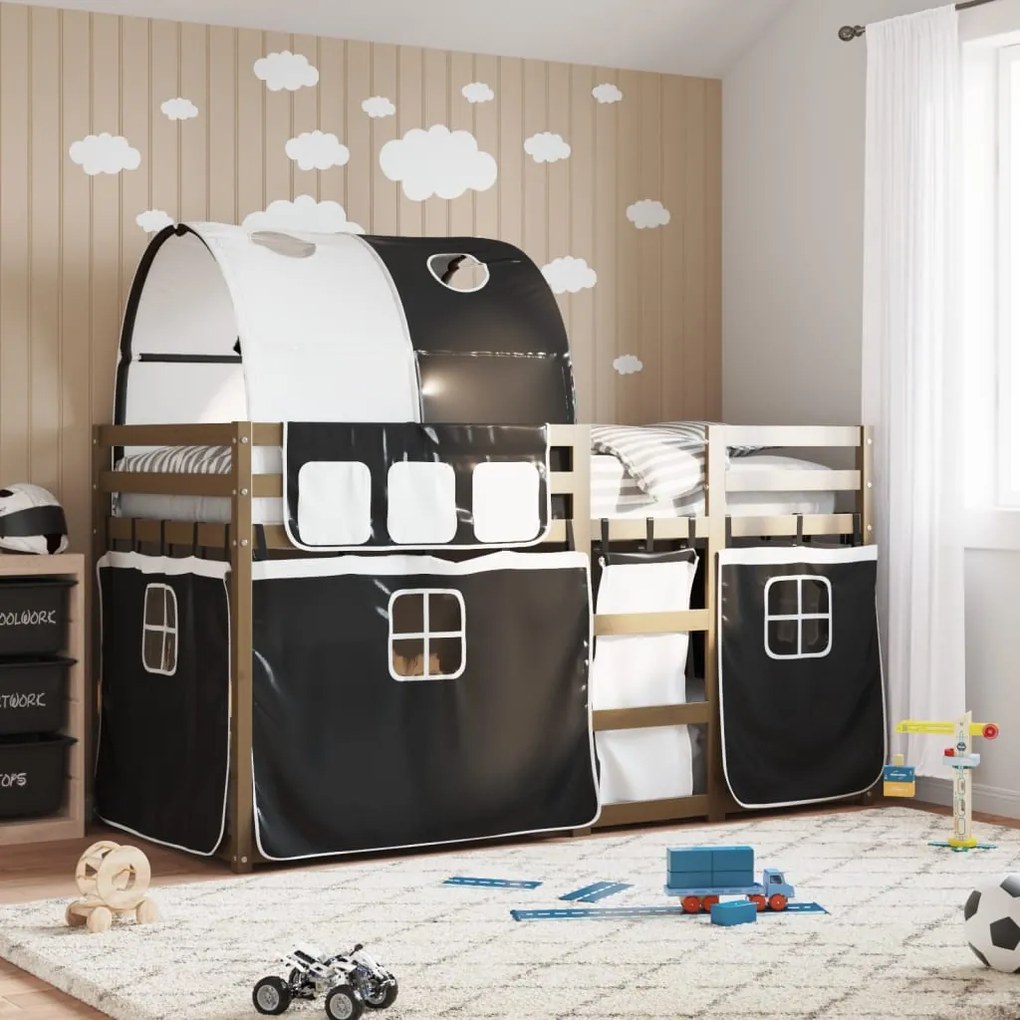 vidaXL Beliche com cortinas 90x200 cm pinho maciço branco e preto