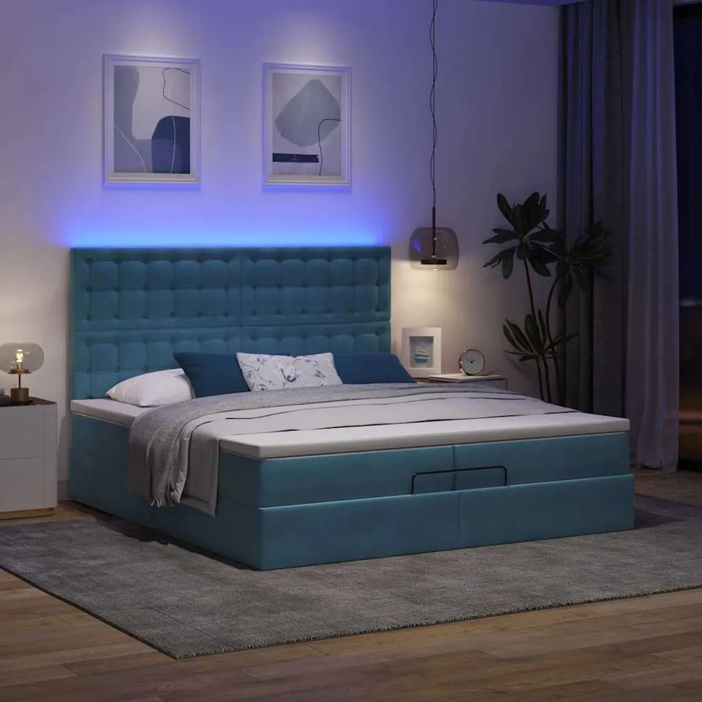 Cama otomana com colchões/LEDs 200x200 cm veludo azul-escuro