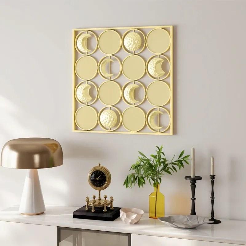 Decoração de Parede Metálica de Fases Lunares 67,9x67,9 cm com 16 Discos para Sala Quarto Corredor Dourado