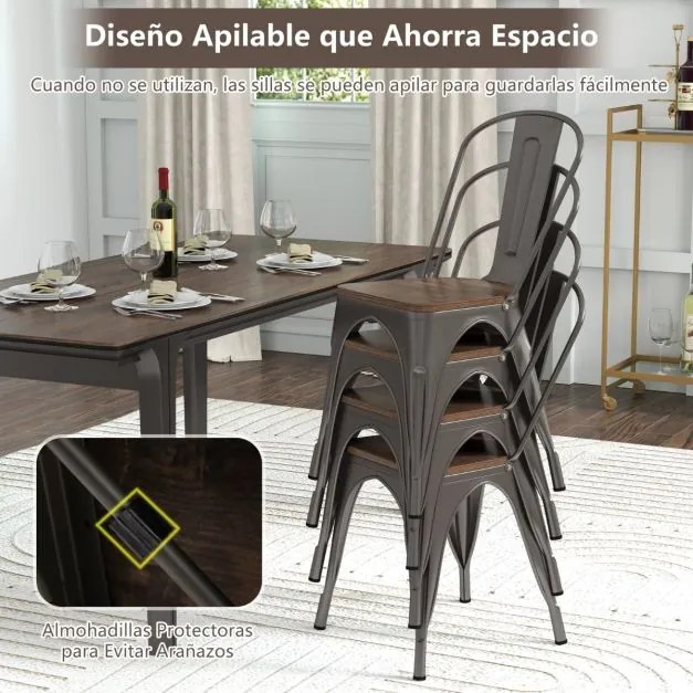 Conjunto de 4 cadeiras de jantar empilháveis em metal com assento em madeira e encosto alto removível Castanho escuro
