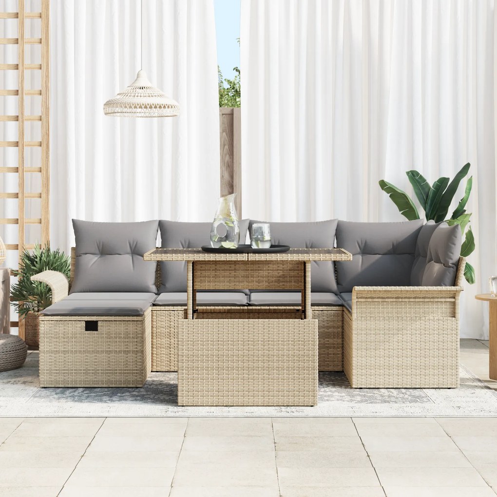 Conjunto de Sofá de Jardim de 7 Peças com Almofadas Bege Vime Sintétic