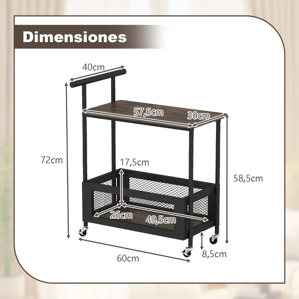 Mesa apoio ou carrinho de Cozinha 60 x 40 x 72 cm com Rodas e Pega 2 Níveis Prateleira Aberta e Cesto de Malha para Sala, Quarto, Cozinha Castanha Rús