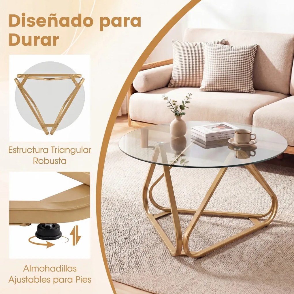 Mesa de centro redonda 80 x 80 x 45,5 cm em vidro temperado com Estrutura triangular, dourada