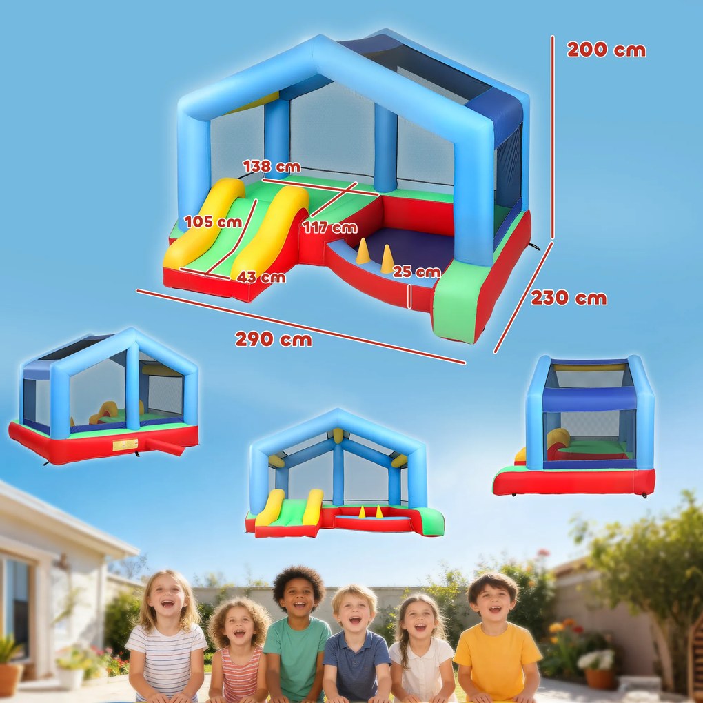 Castelo Insuflável para Crianças com Escorrega Cama Elástica Piscina de Bolinhas Jogo de Aros Toldo e Bolsa de Transporte 290x230x200 cm Multicor