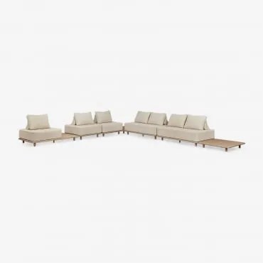 Conjunto De Jardim Com Sofá De Canto Modular De 5 Peças Com Mesa Lateral E Mesa Lateral 95x95 Cm Em Acácia Portet Gardénia Branco - Sklum