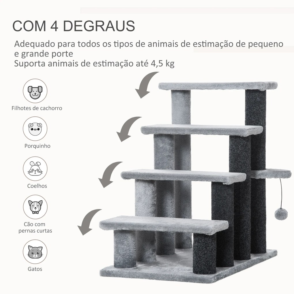 Escada para Animais de Estimação Escada para Gatos de 4 Degraus com Poste de Arranhar Bola 45x40x68 cm Cinza