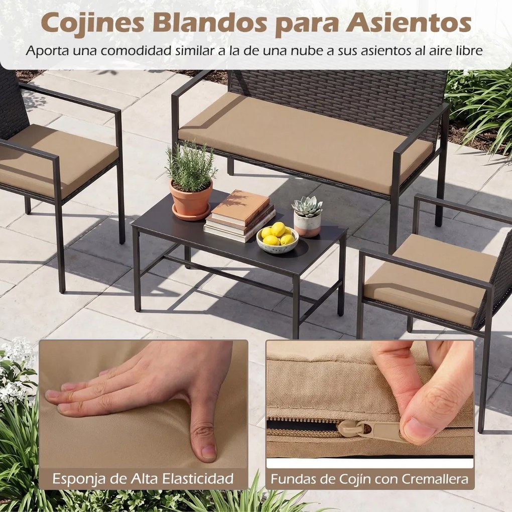 Conjunto de jardim de 4 peças em rattan para exterior: cadeiras, sofá, mesa de café em vidro temperado e almofadas macias; ideal para jardim, alpendre
