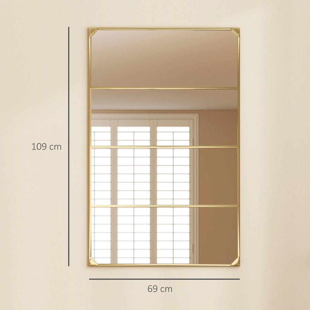 Espelho de parede retangular com vidro 109 x 69 cm, estilo industrial, na orientação horizontal ou vertical, com 4 ganchos, em metal dourado