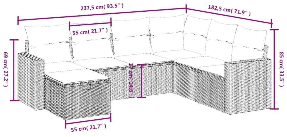 7 pcs conjunto de sofás p/ jardim c/ almofadões vime PE preto