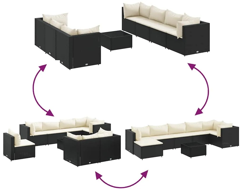 8 pcs conjunto lounge de jardim c/ almofadões vime PE preto