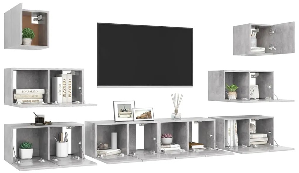 8 pcs conjunto de móveis de TV derivados madeira cinza cimento