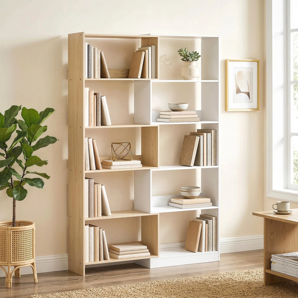 Estante Expansível 5 Níveis Estante para Livros Giratória 350° Largura Ajustável Convertível em L Reta ou Compacta 111,5x23,8x163,7 cm Madeira e Branc