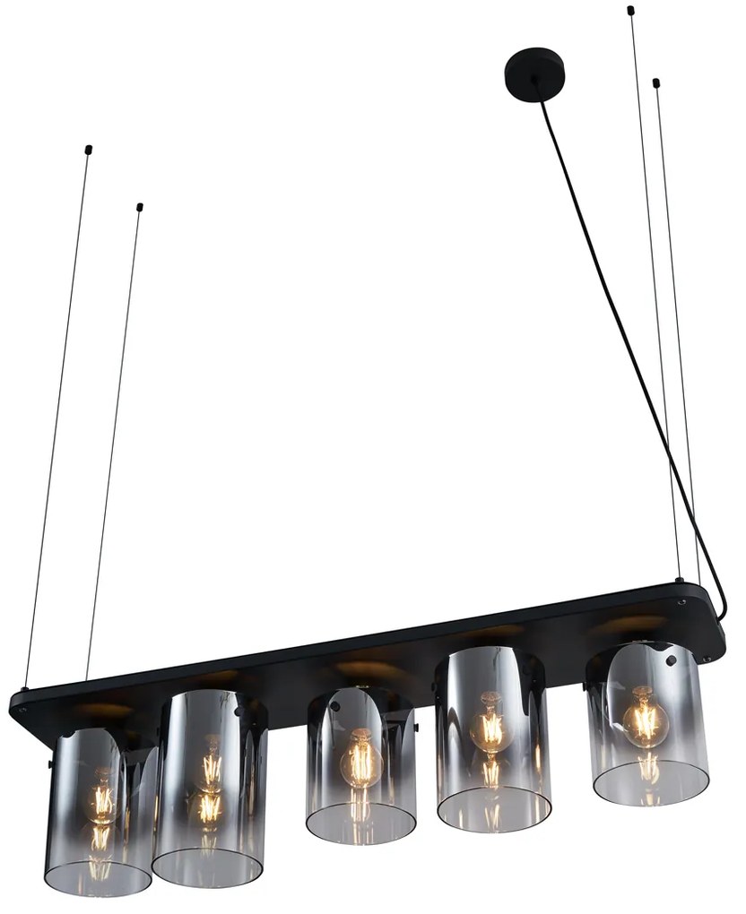 Moderne hanglamp zwart met smoke glas 5-lichts - Hybrid