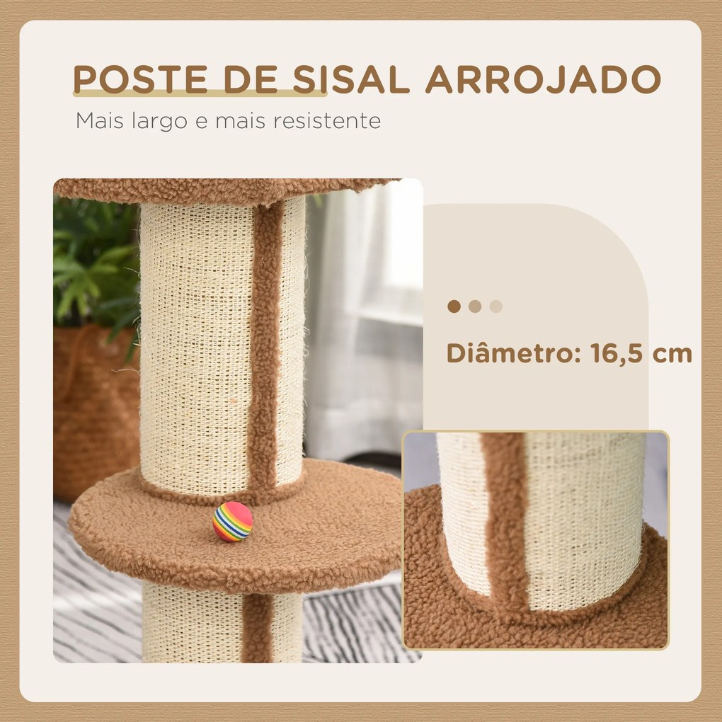 Arranhador para Gatos Altura 91 cm de 3 Níveis com Ninho Plataforma e Poste de Sisal 45x45x91 cm Castanho Claro