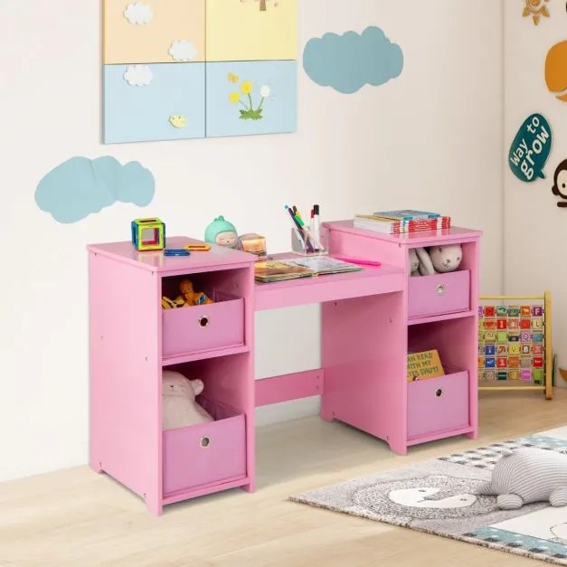Toucador Princesa para crianças com 4 prateleiras grandes e espelho de plástico com 3 painéis Carga 100 kg 107 x 40 x 117 cm Rosa