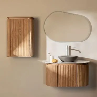 Conjunto De Móvel De Casa De Banho Suspenso 90x50 Cm Em Madeira Carsone Madeira Natural & Madeira Natural & Cimento Cinzento Redondo Ø40 Cm - Sklum
