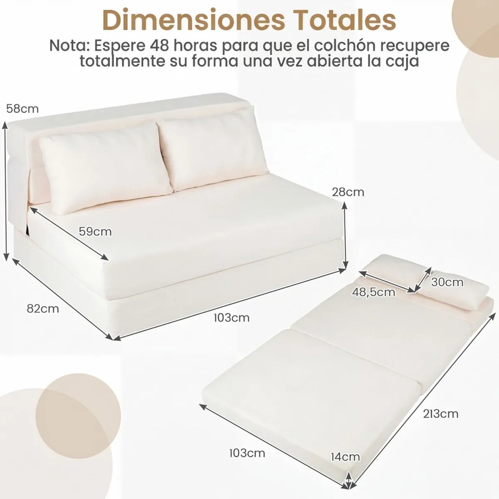 Sofá-cama futon dobrável grande 3 em 1 com 2 almofadas, tecido de chenille , para sala, quarto ou escritório Bege