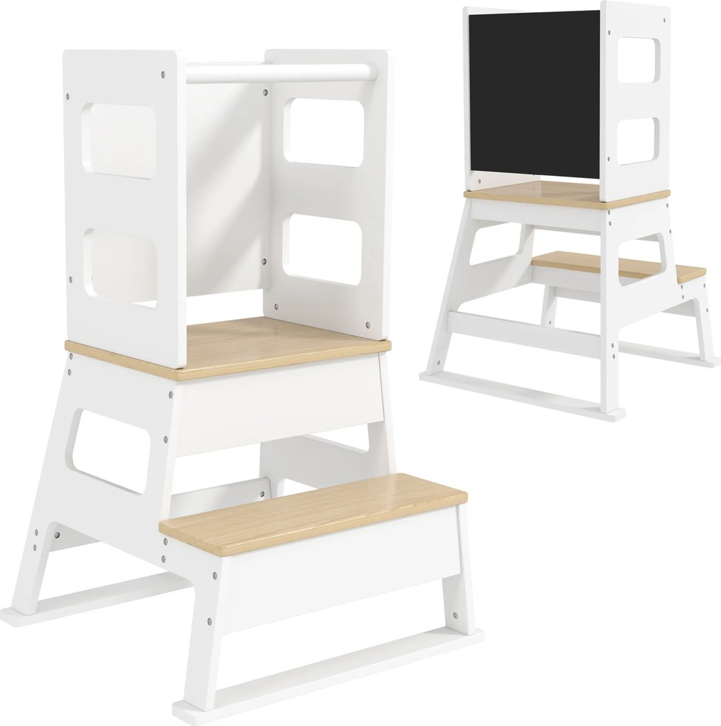AIYAPLAY Torre de Aprendizagem 2 em 1 para Crianças com Ardósia e Barreira de Segurança 55x52,5x87,5 cm Branco | Aosom Portugal