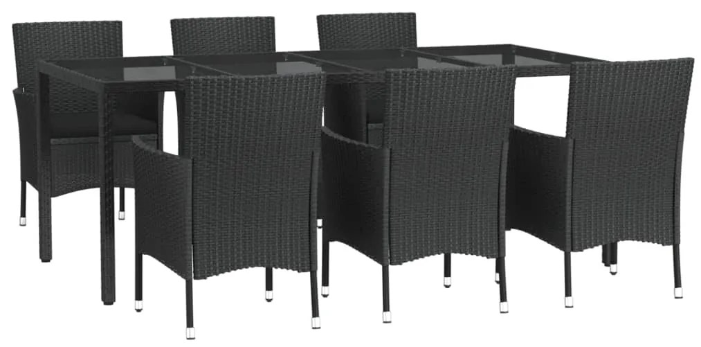 7 pcs conjunto de jantar p/ jardim c/ almofadões vime PE preto