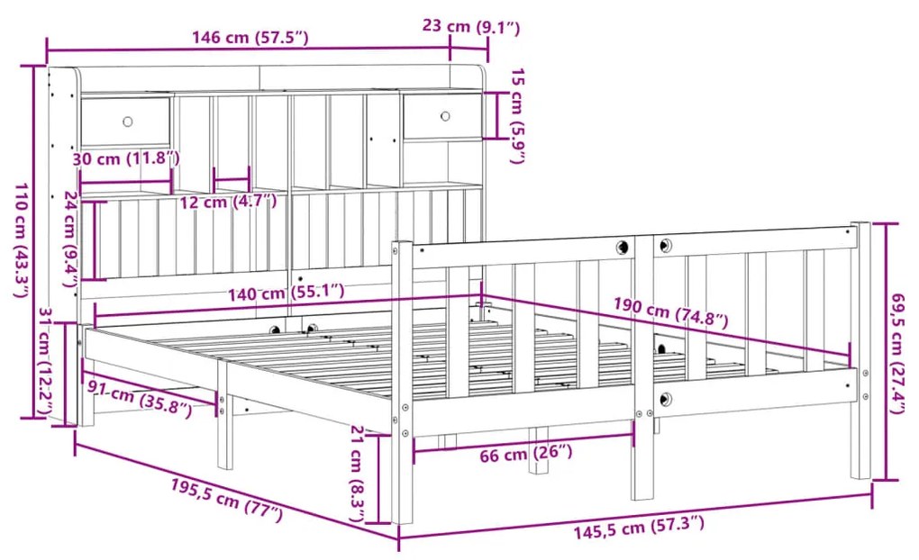 Cama com estante sem colchão 140x190 cm pinho maciço