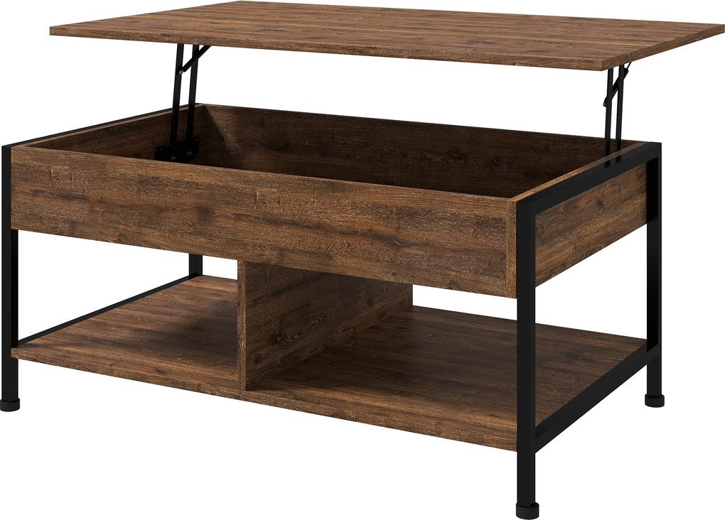 Mesa de centro  100 x 80 x 60 cm elevável com compartimento oculto, 2 prateleiras inferiores,, castanho rústico e preto