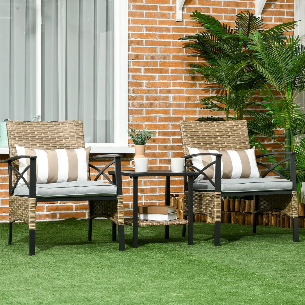 Outsunny Conjunto de Poltronas e Mesa de Centro de Vime 3 Peças Conjunto de Móveis de Vime com Almofadas Acolchoadas e Estrutura de Aço para Varanda Pátio 46x46x48cm e 59x71x80cm Marrom Claro