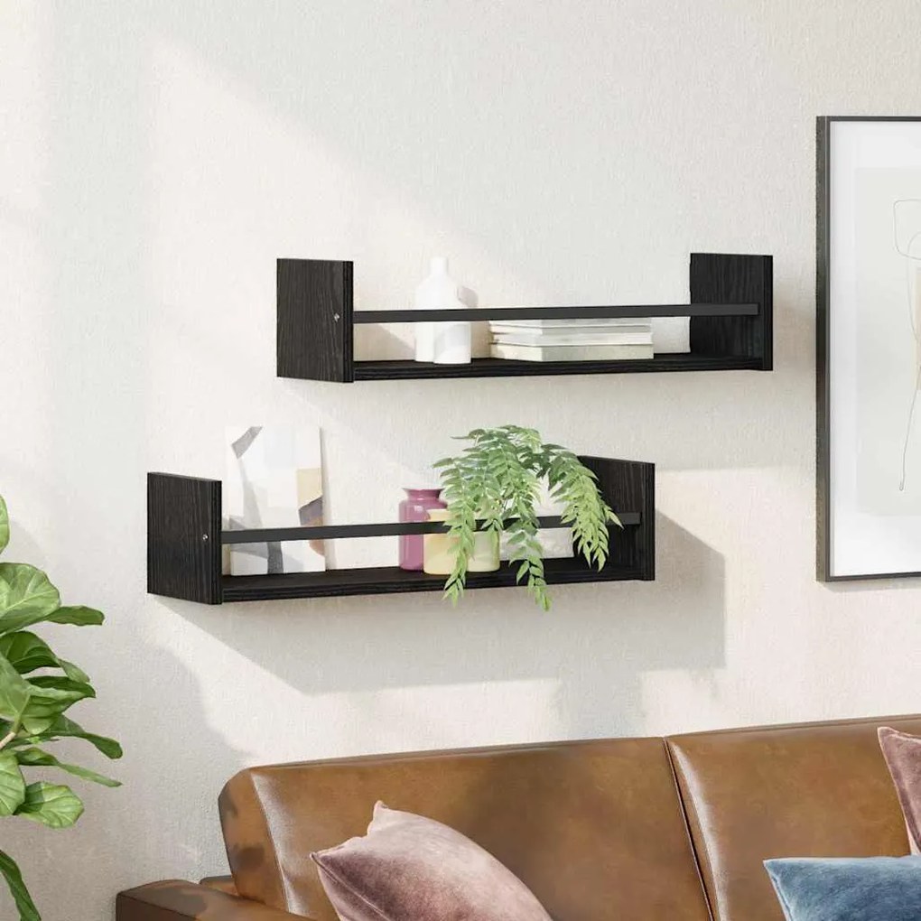Prateleiras de Parede 2 pcs Preto Carvalho 60x16x14 cm Madeira de Enge