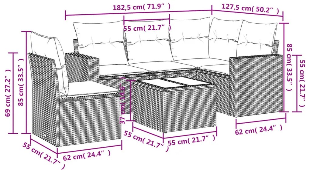 6 pcs conjunto de sofás p/ jardim com almofadões vime PE bege