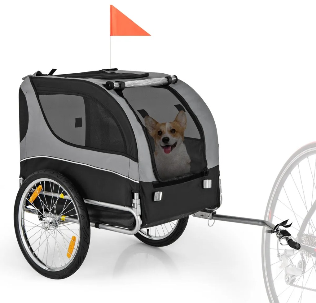 Reboque de bicicleta para animais de estimação com rodas Capacidade 40 kg Transportador de 2 portas para cães médios 60,5 x 135 x 95 cm Cinza