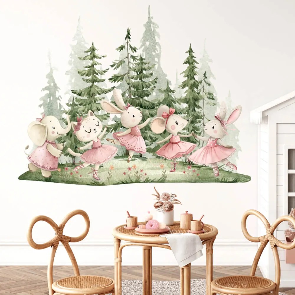 Autocolante de parede para quarto de criança - Bailarinas cor-de-rosa na floresta, lindos coelhinhos