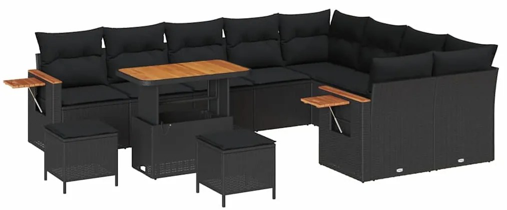 Conjunto de Sofá de Jardim de 12 Peças com Almofadas Preto Rattan Poli