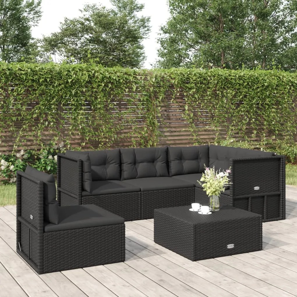 vidaXL 5 pcs conjunto lounge de jardim c/ almofadões vime PE preto