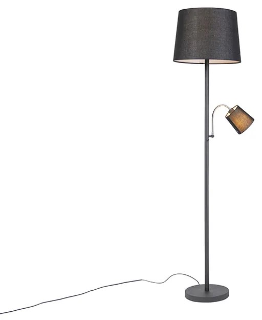 Candeeiro de Pé Clássico Preto com Abajur Preto e Luz de Leitura - Retro Clássico / Antigo