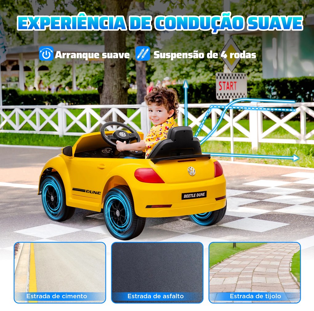 Carro Elétrico para Crianças Carro Elétrico Infantil Volkswagen Beetle com Bateria 12V Faróis Buzina e Música 97x56,5x46 cm Amarelo