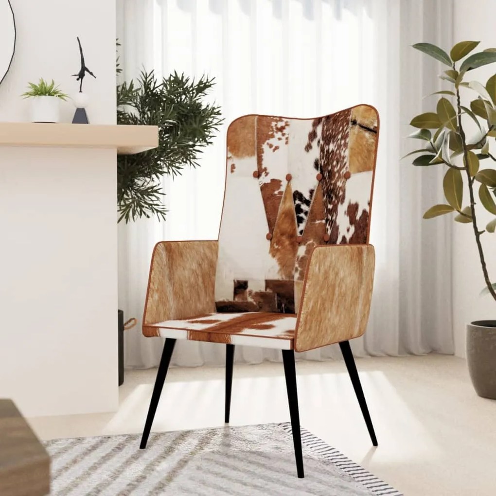 vidaXL Poltrona de apoio com pelo couro genuíno castanho e branco