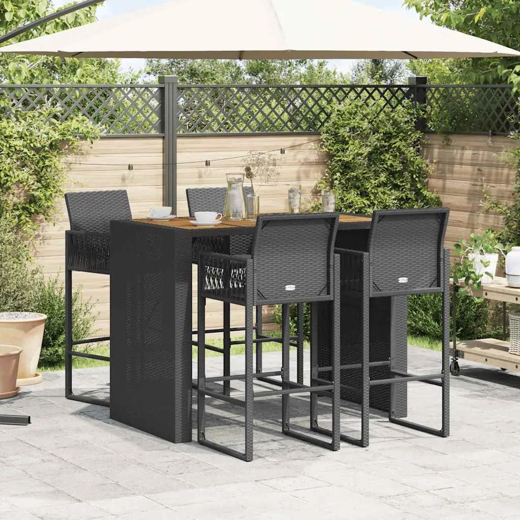 5 pcs conj. de bar jardim sem almofadões vime PE/acácia preto
