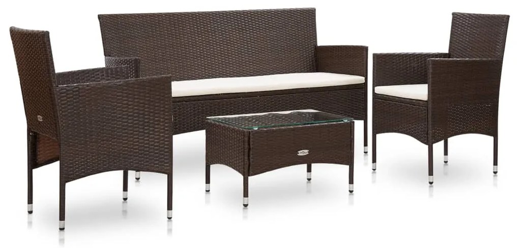 45888 vidaXL 4 pcs conjunto lounge jardim c/ almofadões vime PE castanho