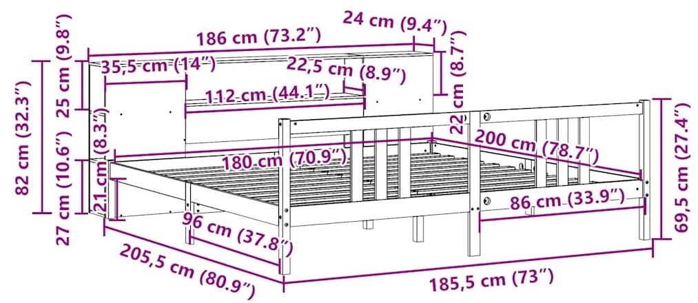 Cama com estante sem colchão 180x200 cm pinho maciço