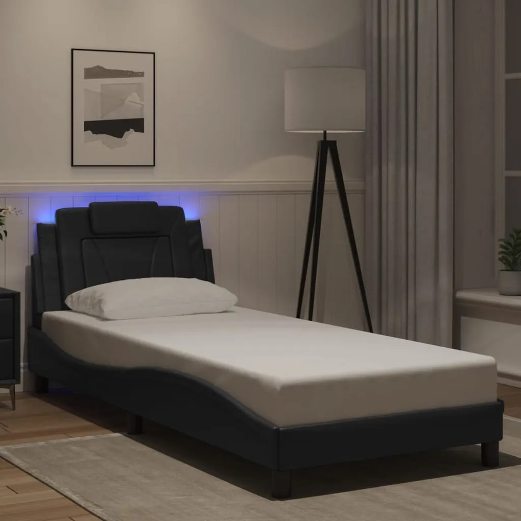Estrutura de cama c/ luzes LED 90x190 cm couro artificial preto