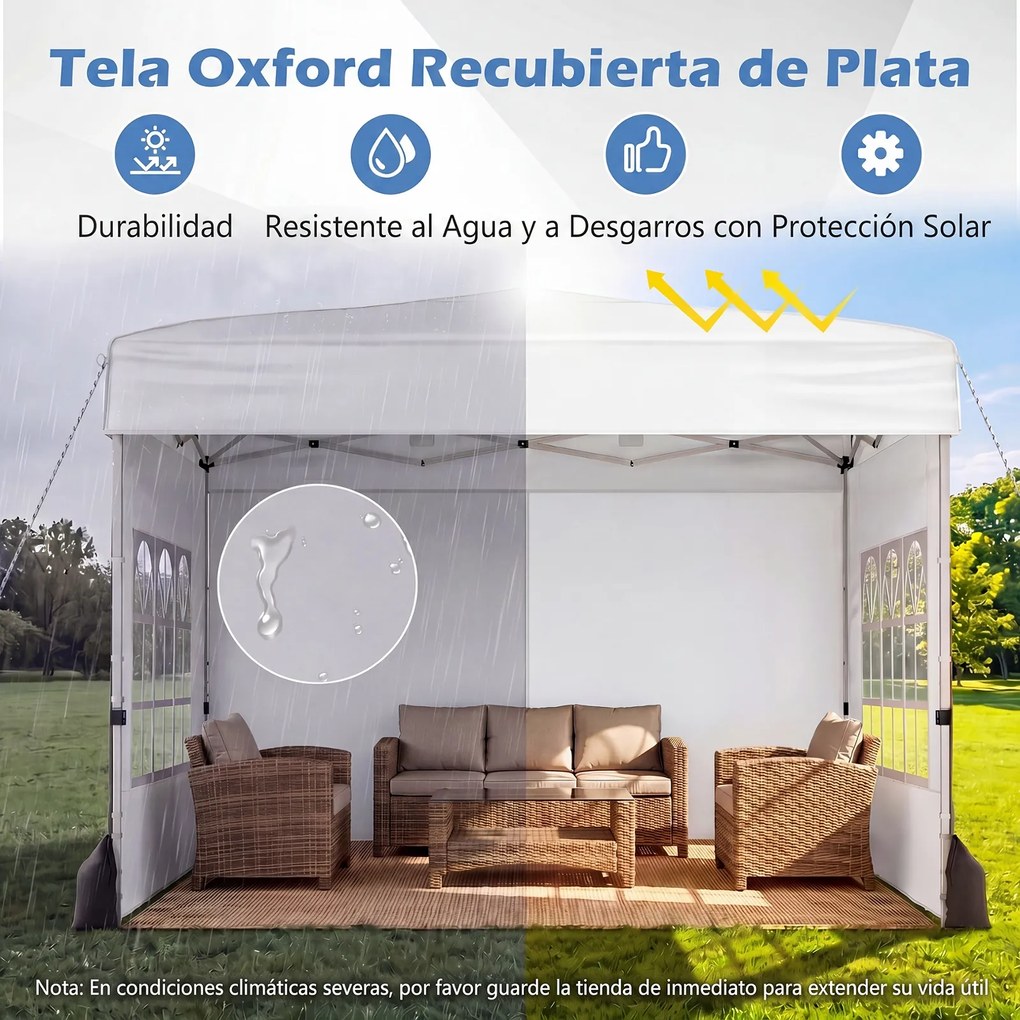 Tenda Dobrável de Exterior feiras, eventos, festas, 300 x 300 x 250-268 cm, 4 Paredes Removíveis e 4 sacos areia, Branco