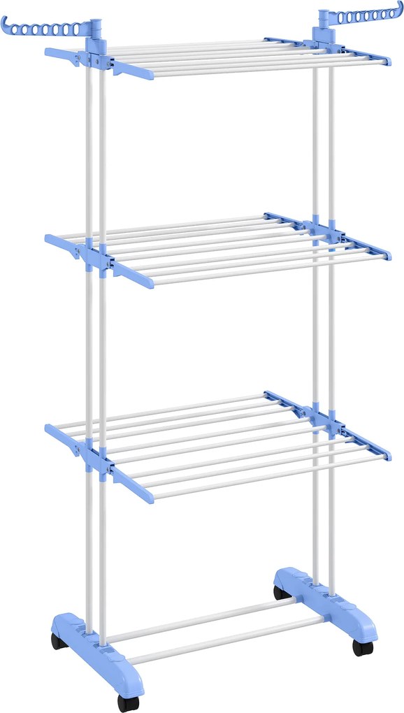 HOMCOM Estendal Dobrável Roupa com Rodas Estendal Vertical Aço 3 Níveis Laterais Dobráveis Prático Compacto 73x64x177cm Azul e Branco | Aosom Portugal