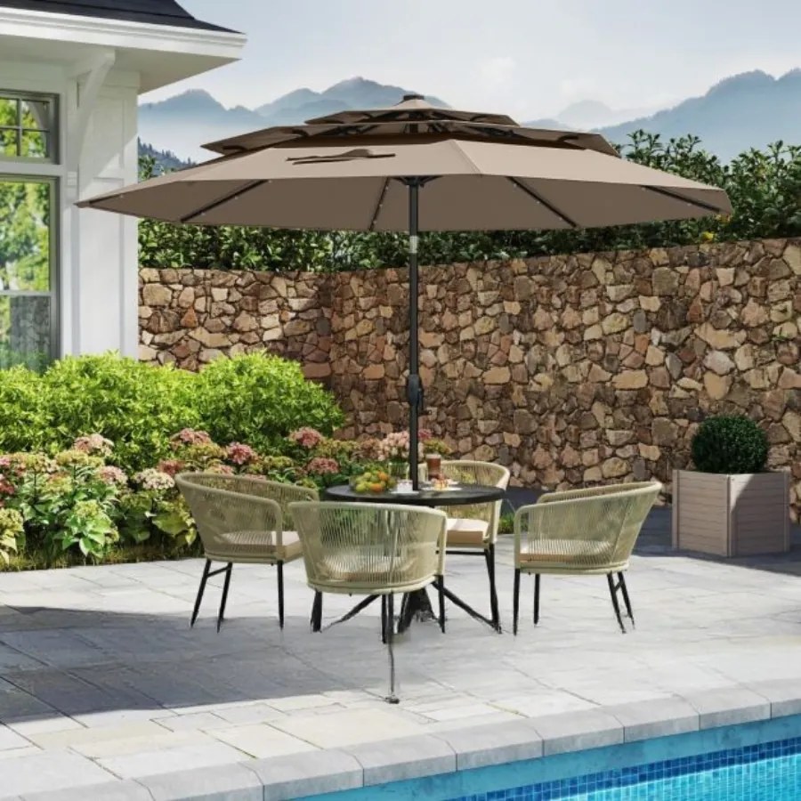 Guarda-sol para jardim de 313 cm com 32 luzes LED, teto ventilado de 3 níveis e ajuste de inclinação Castanho