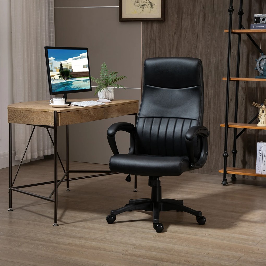 Vinsetto Cadeira de Escritório Ergonômica Cadeira de Escritório Basculante e Giratória 360° com Altura Ajustável Encosto Alto e Apoio para os Braços Pele Sintética 61,5x66x113-123cm Preto