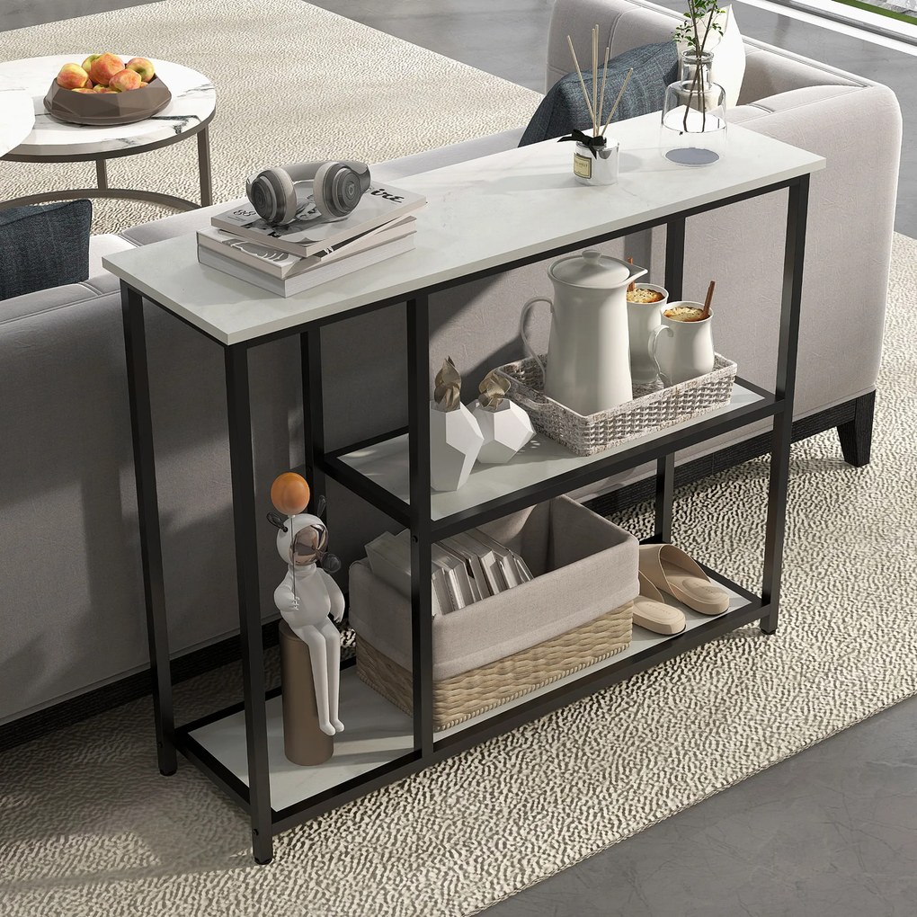 Mesa consola de 100 cm, com 3 níveis, tampos com efeito de mármore, estrutura em aço, branco