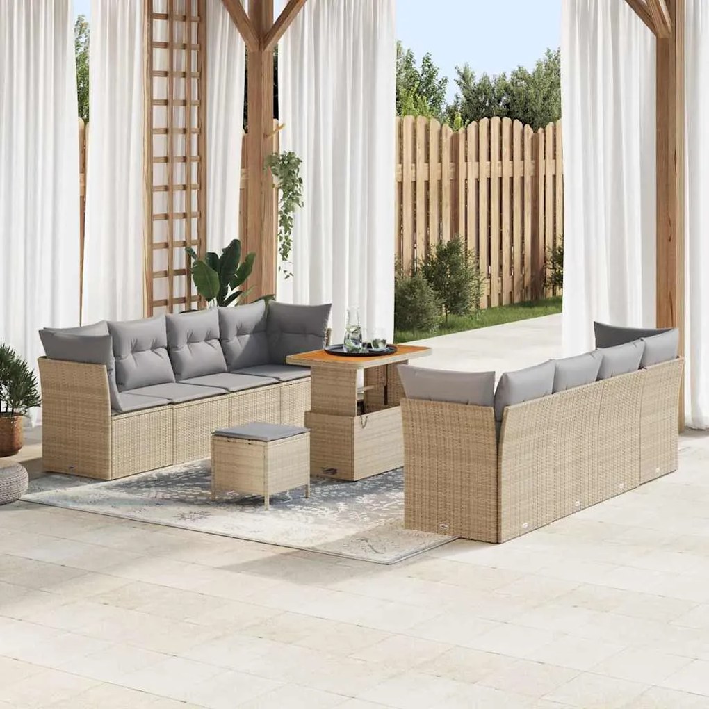 vidaXL Conjunto de Sofá de Jardim com 11 Peças com Almofadas em Bege, Rattan Sintético e Acácia.