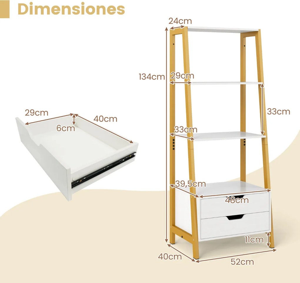 Estante em forma escada 52 x 39,5 x 134 cm com 4 prateleiras abertas e 2 gavetas Branco + Dourado