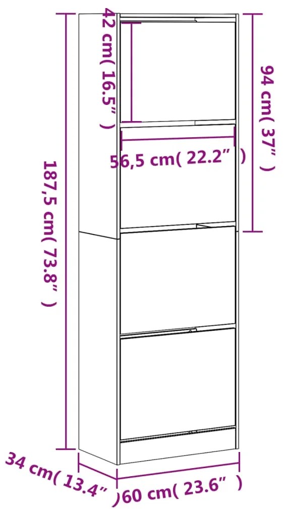 Sapateira c/ 4 gavetas articuladas 60x34x187,5 cm cinza sonoma