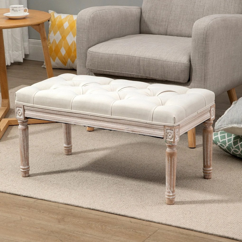Banco Acolchoado – Margaux – 80x40x41 cm – Bege – Design Vintage e Clá