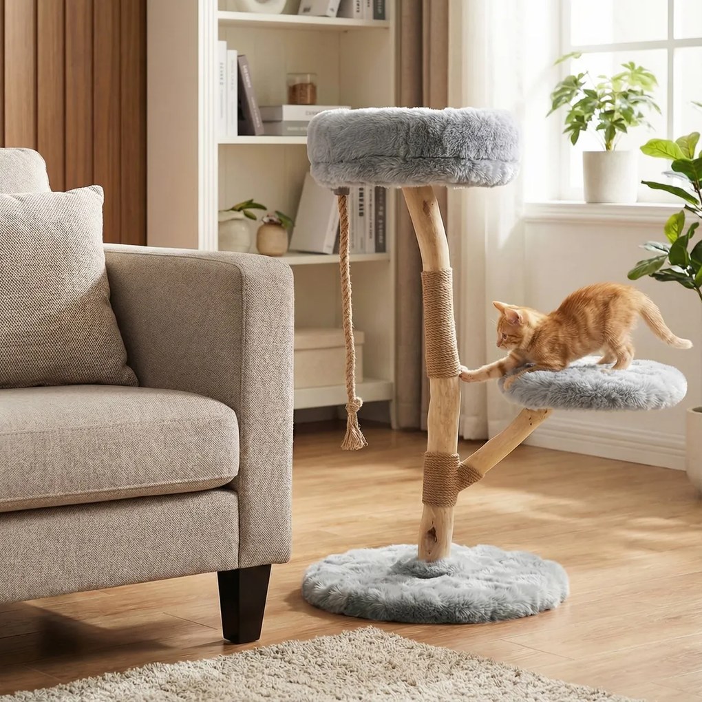 Arranhador para gatos 50 x 90 cm com plataforma central de atividades em madeira maciça, com postes para arranhar em juta natural, natural e Cinzento